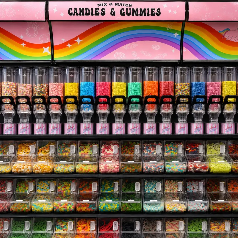 Bins of gummies and candy